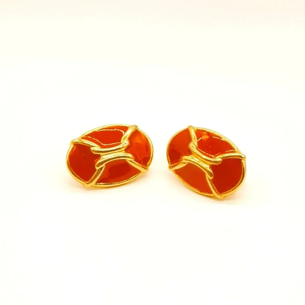 Gold Red Enamel Oval Earrings Clip On Statement Holiday Jewelry
